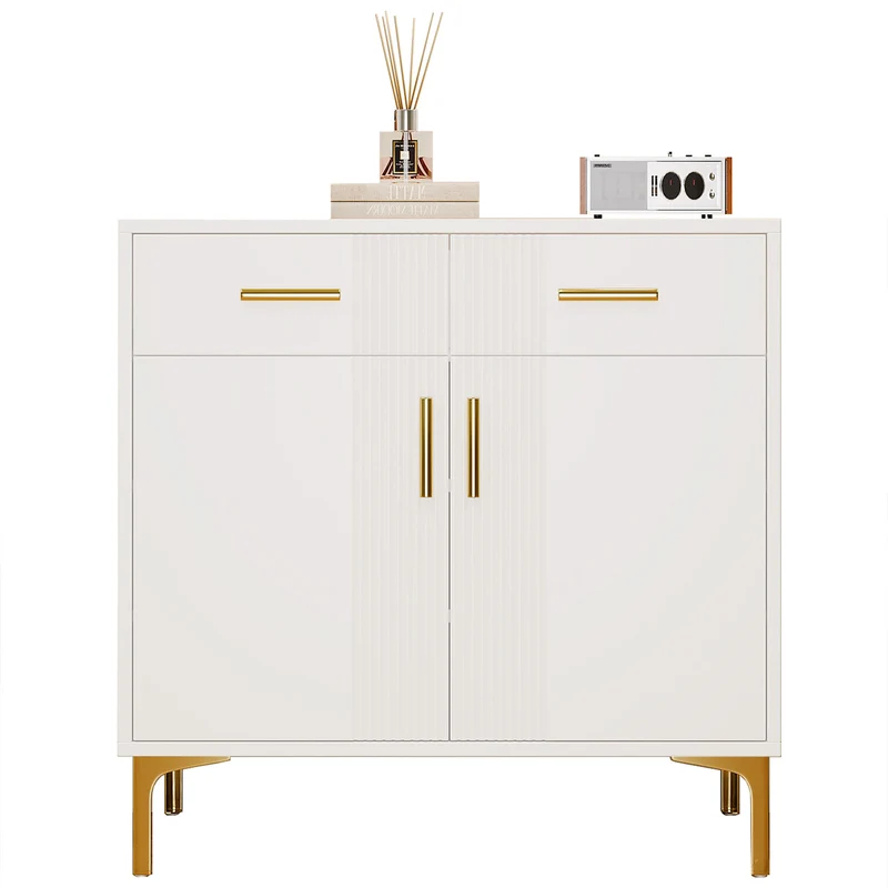 Buffet moderne blanc 2 portes et 2 tiroirs , poignées et pieds dorés 80x35x79,5cm VIVIDARA