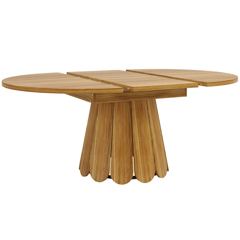 Table de salle à manger extensible ronde effet bois piétement tulipe à lattes KRAFTA