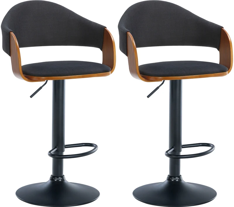 Lot de 2 tabourets de bar design rétro chic assise en tissu noir et bois noyer piètement en métal noir 10_0006710