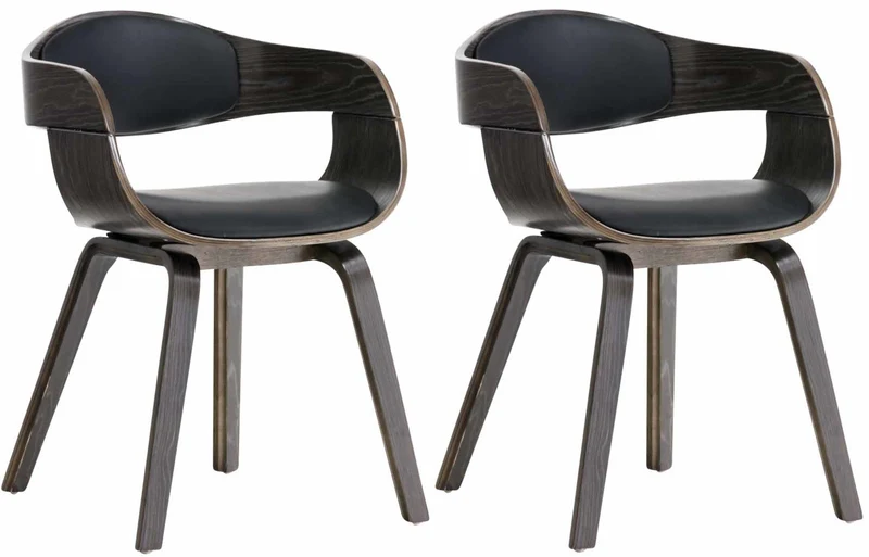 Lot de 2 chaises de salle à manger bureau design retro en PVC noir structure en bois gris 10_0001716