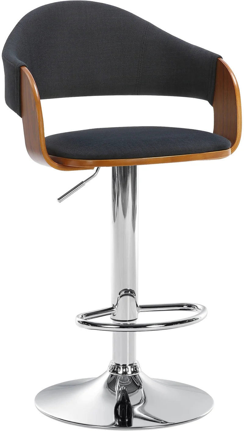 Tabouret de bar design rétro chic assise en tissu noir et bois noyer piètement en métal chromé 10_0005294