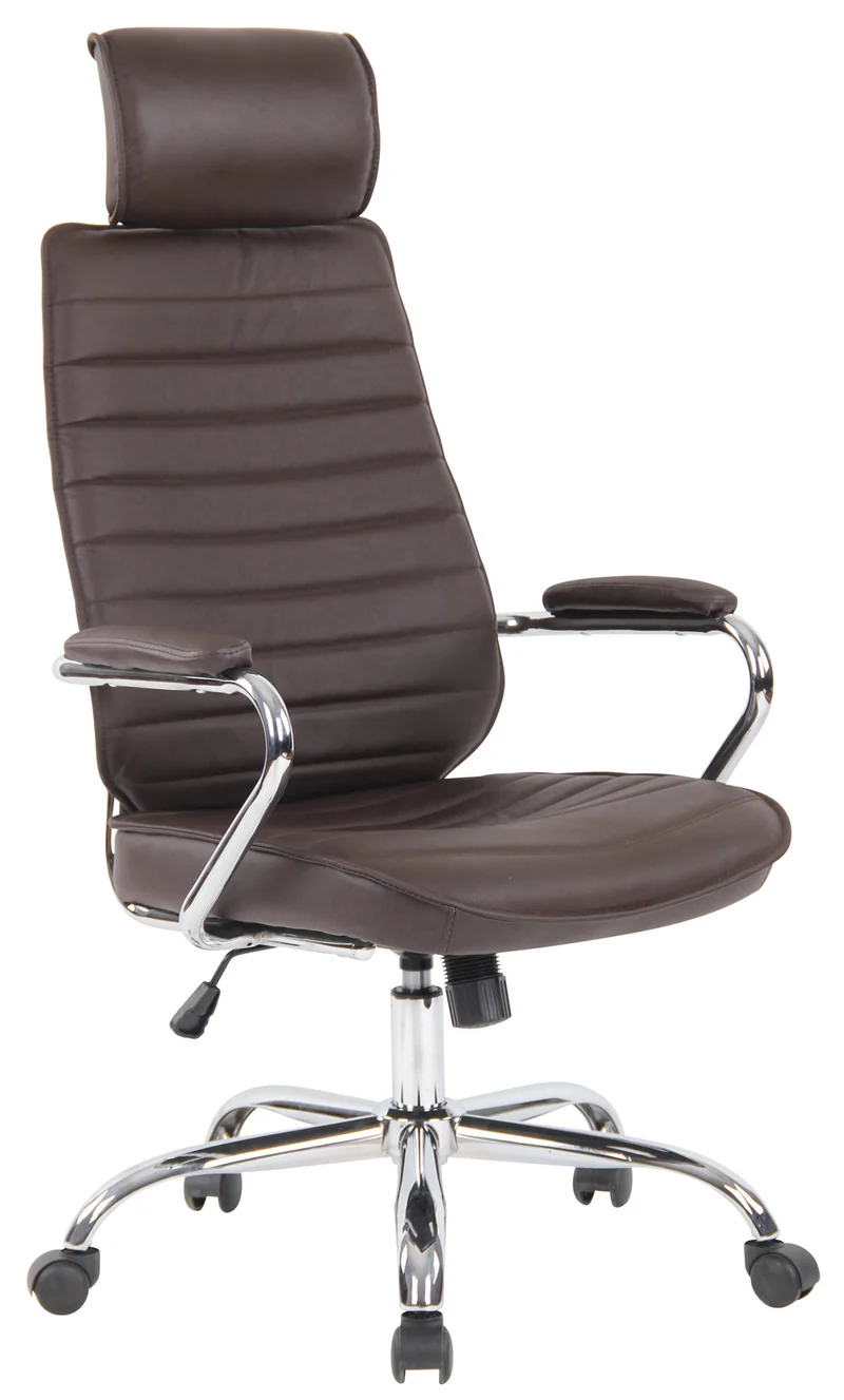 Fauteuil de bureau hauteur réglable pivotant mécanisme de bascule cuir véritable marron et métal chromé 10_0002615