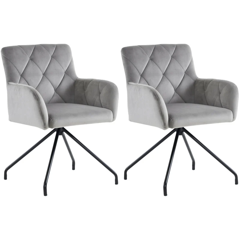Lot de 2 chaises de salle à manger velours gris clair motif en losange pieds en métal noir FALMELS