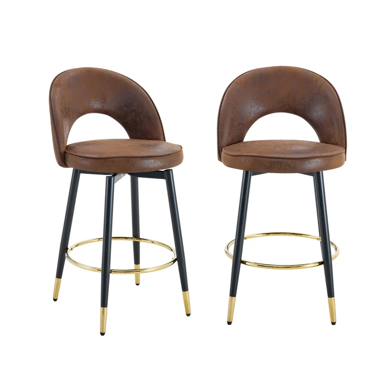 Lot de 2 tabourets de bar marron pivotant 360° style vintage pieds noir dorés et repose-pied HARMONIUS