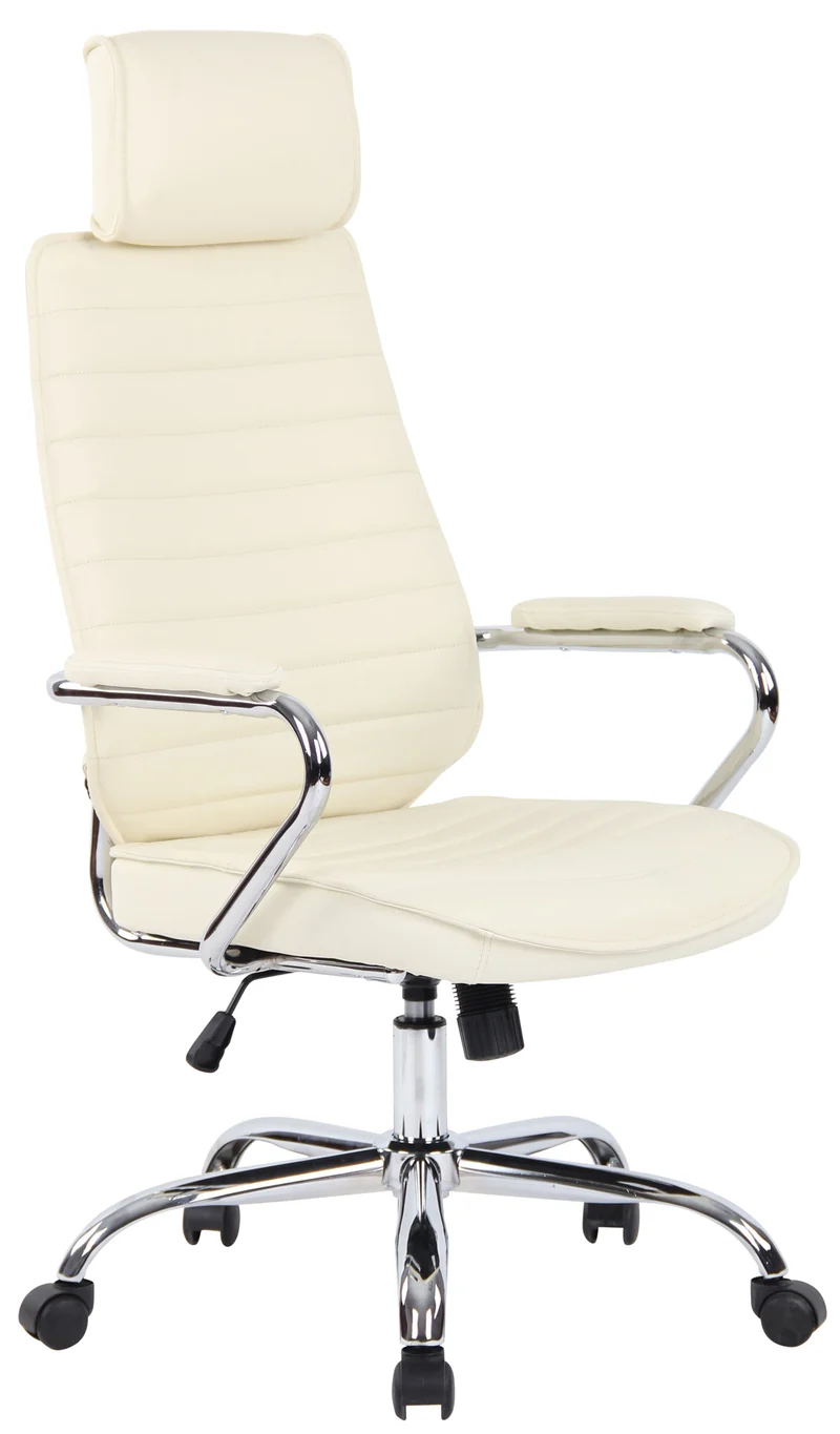 Fauteuil de bureau hauteur réglable pivotant mécanisme de bascule en cuir véritable crème et métal chromé 10_0002616