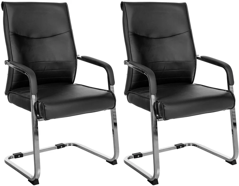 Lot de 2 fauteuils de bureau chaises visiteur sans roulettes piétement luge en métal chromé et assise en PVC noir 10_0003093
