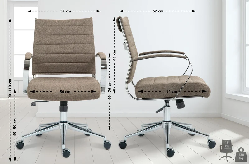 Chaise de bureau ergonomique avec accoudoirs fonction bascule tissu taupe piètement chromé 10_0007087
