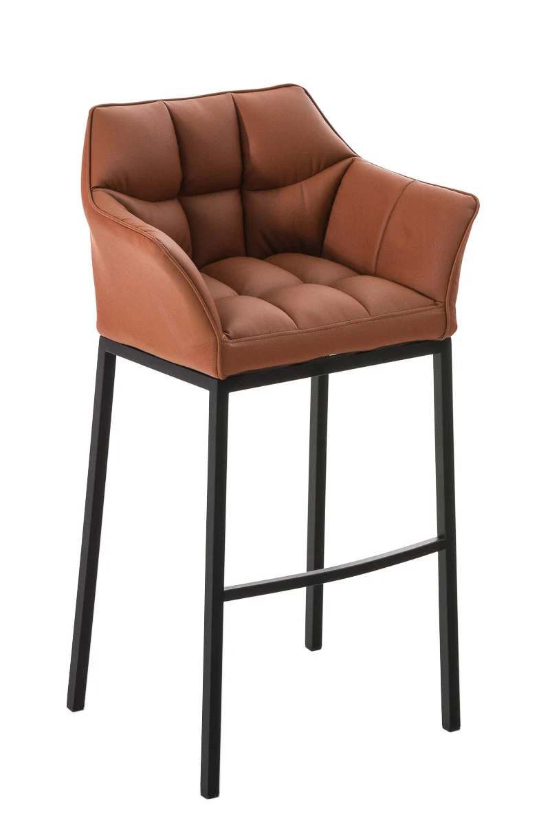 Tabouret de bar x1 assise enveloppante capitonnée en similicuir marron clair avec structure à 4 pieds en métal noir 10_0006008