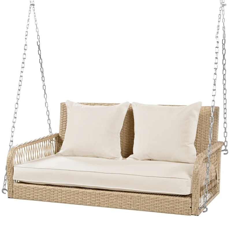 Balançoire de jardin 2 places en rotin beige avec coussins épais, extérieur, dossier lavable 113x54x53cm THALDRAITH