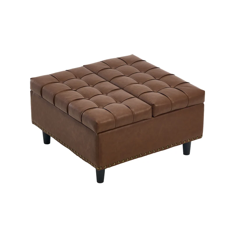 Pouf carré capitonné rangement en similicuir marron avec plateau relevable 75 x 75 x 41 cm CLARITYERA