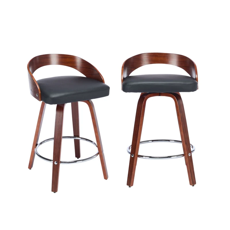 Lot de 2 tabourets de bar style vintage PU noir, dossier arrondi, pivotant et repose pied, 63 cm PINNACLEESIA