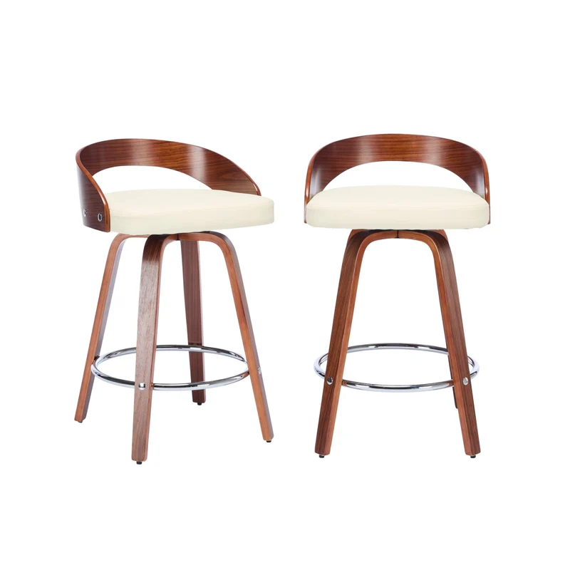 Lot de 2 tabourets de bar style vintage PU blanc crème, dossier arrondi, pivotant et repose pied H63cm QUANTAIV