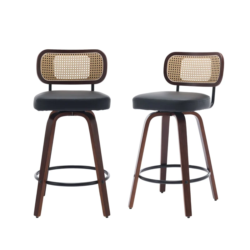 Lot de 2 tabourets de bar style vintage PU noir, dossier en rotin, pivotant et repose pied VIVIDIX