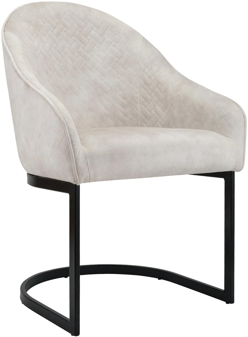 Chaise de salle à manger design dossier arrondi enveloppant assise rembourrée velours crème et piètement luge métal 10_0008496