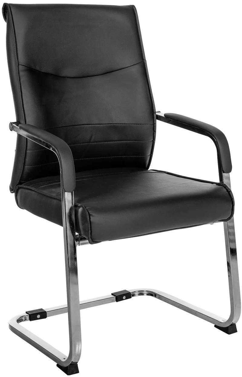 Fauteuil de bureau chaise visiteur sans roulettes piétement luge en métal chromé et assise en PVC noir 10_0003349