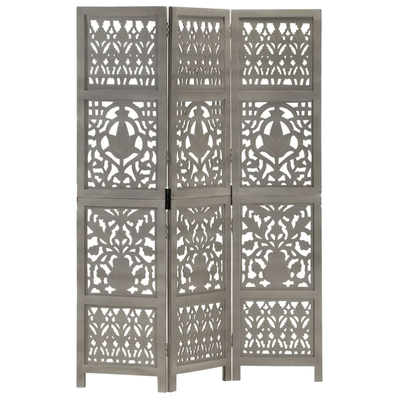 Paravent séparateur de pièce cloison 3 panneaux motifs sculptés à la main 120 x 165 cm bois manguier gris DEC030767