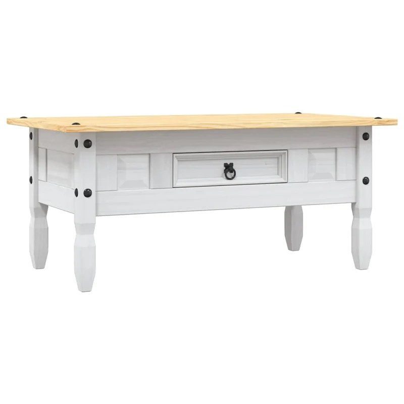 Table basse avec tiroir design rustique classique 100 x 55 x 44 cm bois de pin massif blanc DEC039907