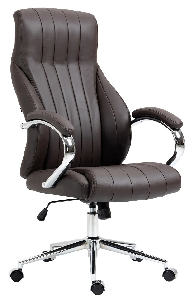 Fauteuil de bureau avec accoudoirs avec surpiqûre verticale en véritable cuir marron cadre en métal chromé 10_0007047