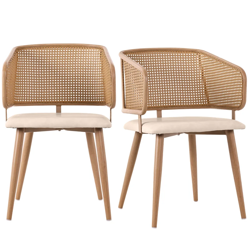 Lot de 2 chaises de salle à manger dossier en rotin, coussin d'assise en cuir PU beige, confortable et respirant NAD