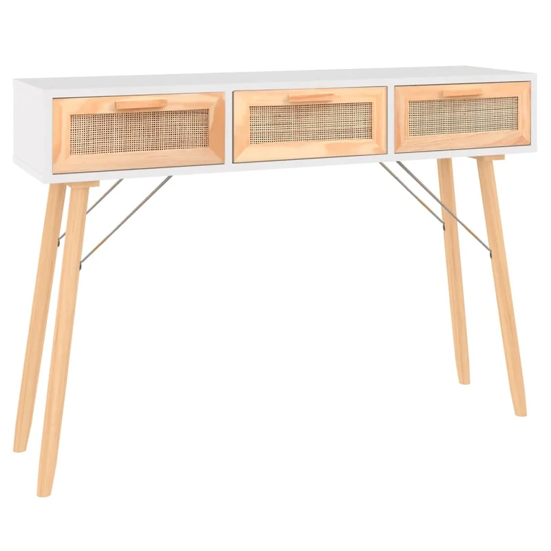 Meuble console d'entrée moderne avec tiroirs 105 x 30 x 75 cm bois massif pin /rotin naturel blanc DEC031685