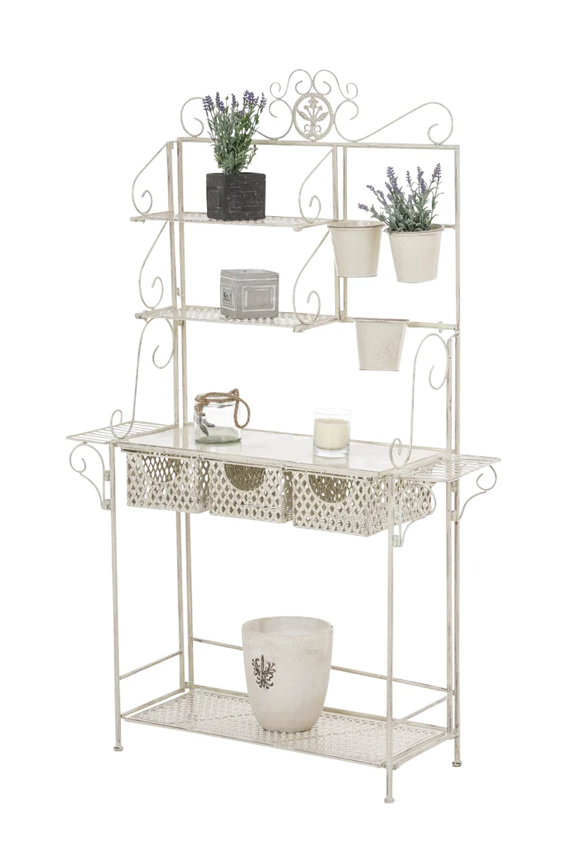 Etagère de rangement pour véranda jardin balcon pliable fleur plante avec paniers en métal crème vieilli 10_0004014