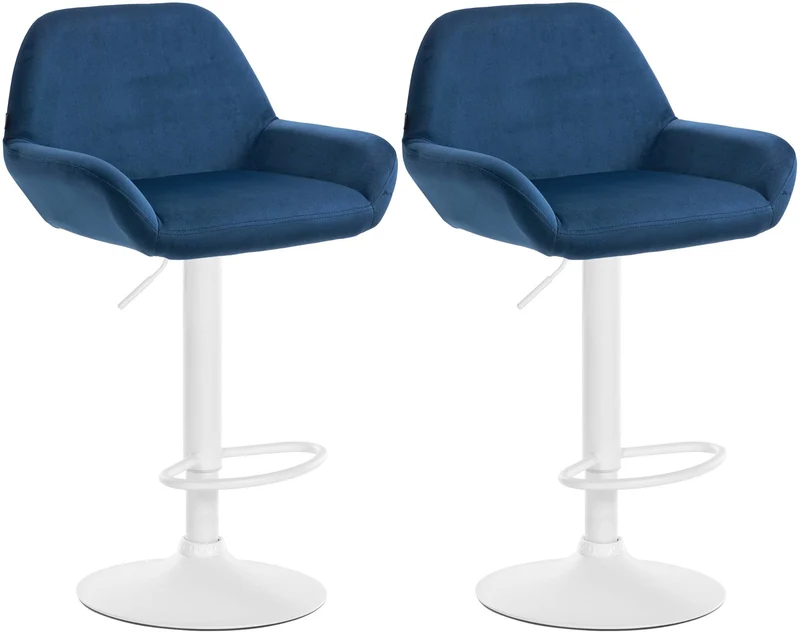 Lot de 2 tabourets de bar avec repose-pieds et accoudoirs en velours bleu piètement en trompette métal blanc 10_0006740