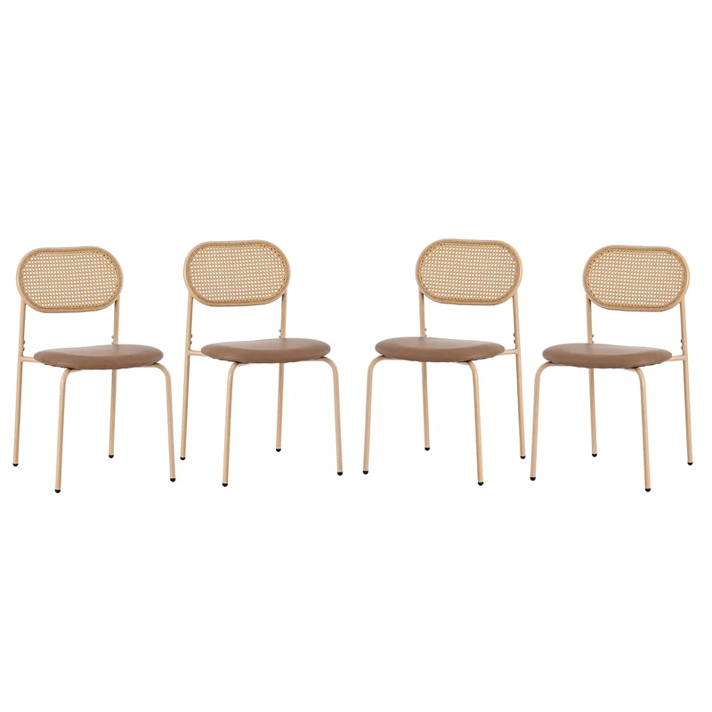 Lot de 4 chaises de salle à manger style rétro en rotin et PU beige pieds effet bois GHEXIELS BROWN