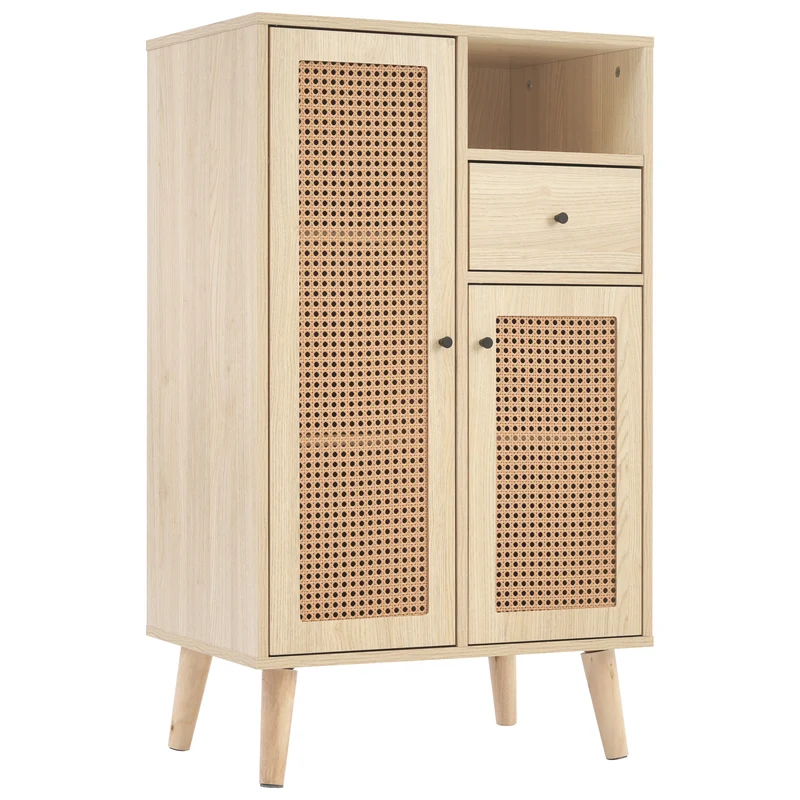 Buffet effet chêne avec 2 portes en tissage rotin et 1 tiroir VELDTBLADE