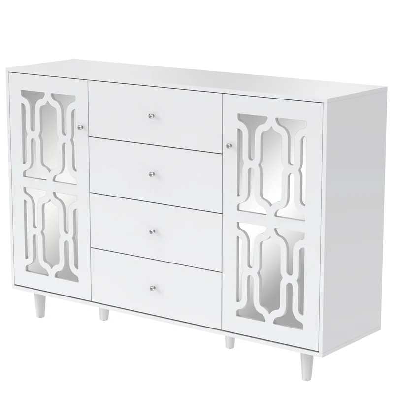 Buffet blanc design 4 tiroirs 2 portes miroir motif géométrique et poignées en cristal froid 147*40*102cm XILKODS
