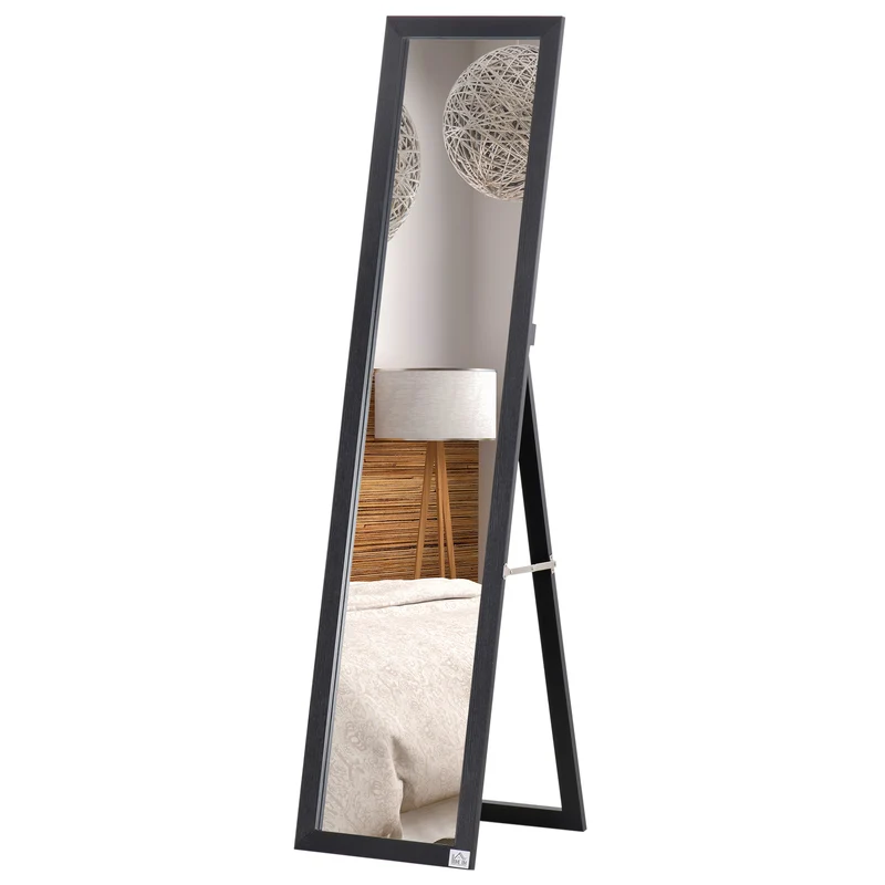 Miroir sur pied rectangulaire 37 x 37 x 154 cm posé ou mural film anti éclat idéal dressing contemporain en MDF noir 21_0001471
