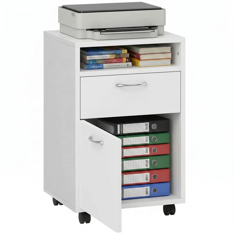 Caisson de bureau sur roulettes freinées 40 x 35 x 60 cm rangement tiroir placard moderne en panneaux de particules blanc 21_0002385
