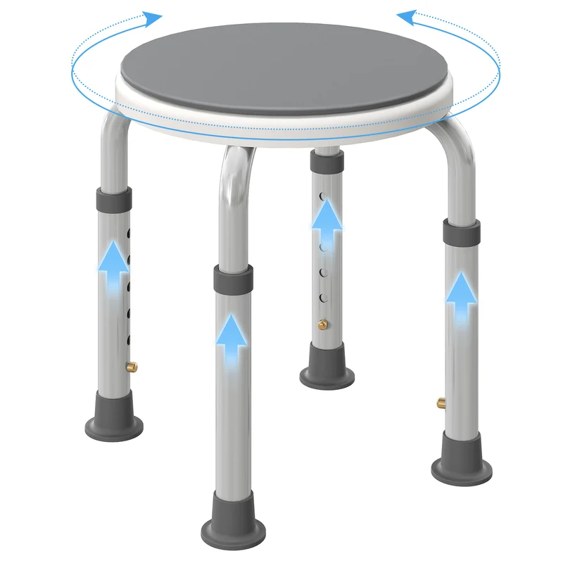Tabouret de douche siège rond 33 x 36-49 cm antidérapant réglable 6 niveaux pivotant moderne épuré en aluminium gris 21_0000876