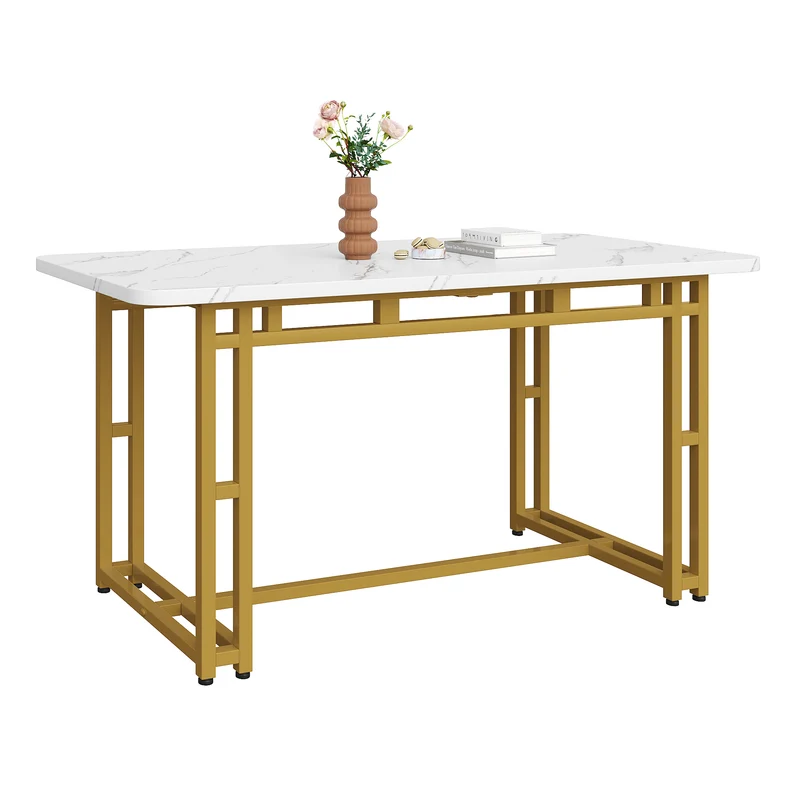 Table à mange rectangulaire moderne effet marbre blanc pieds dorés 120x70cm VANPHAN GOLD