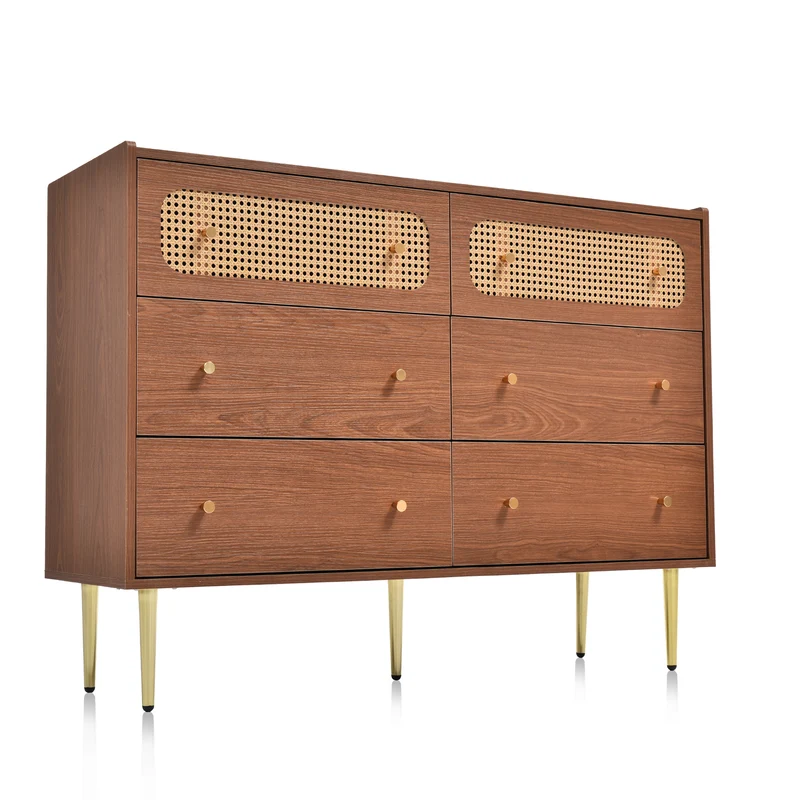 Buffet vintage 6 tiroir en rotin poignées et pieds dorés 120*90*40cm DELMO