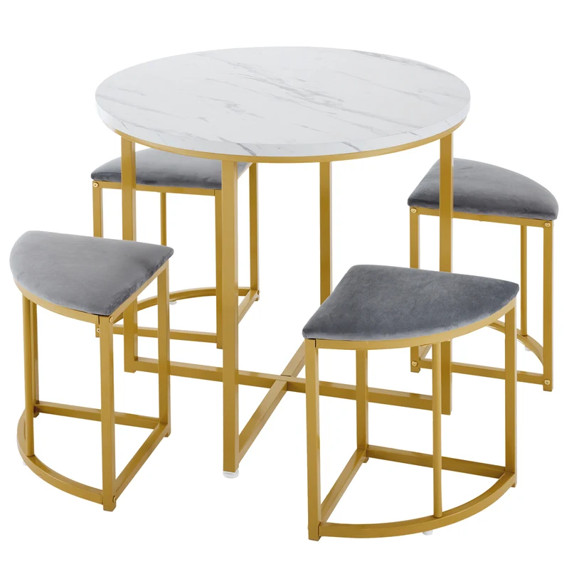 Ensemble table de salle à manger avec 4 chaises effet marbre blanc et structure doré ATEIX GREY