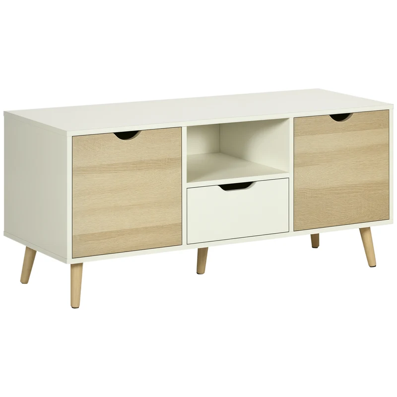Meuble tv bas pour salon 110 x 40 x 50 cm grand rangement tiroir armoires moderne épuré en panneau de particules blanc 21_0002856