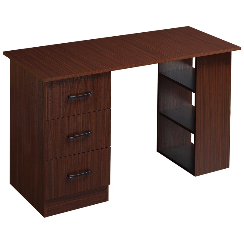 Bureau d'ordinateur réversible 120 x 49 x 72 cm rangements 3 tiroirs 3 étagères modulable moderne épuré en MDF brun 21_0002397