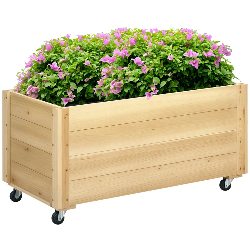 Jardinière surélevée jardin 89 x 48 x 47 cm grande roulettes 2 freins doublure anti humidité rustique en bois naturel 21_0004325
