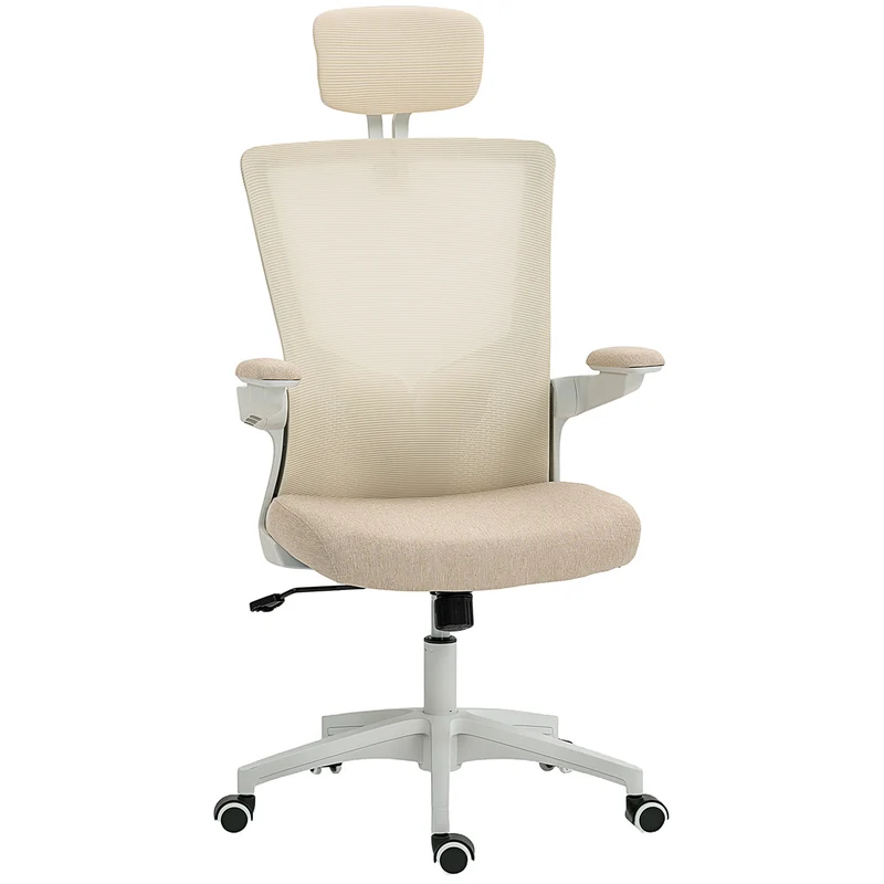 Chaise de bureau ergonomique 60 x 63 x 120 cm soutien lombaire réglable accoudoirs relevables moderne en polyester beige 21_0006319