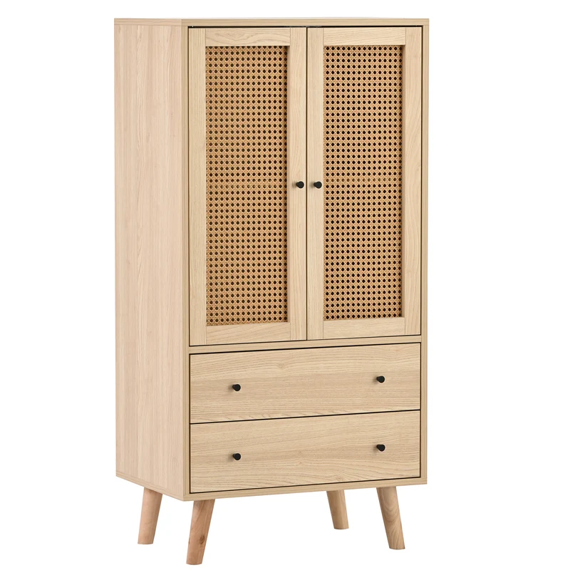 Buffet effet bois portes et 2 tiroirs en rotin, pieds en bois massif FENMUCK