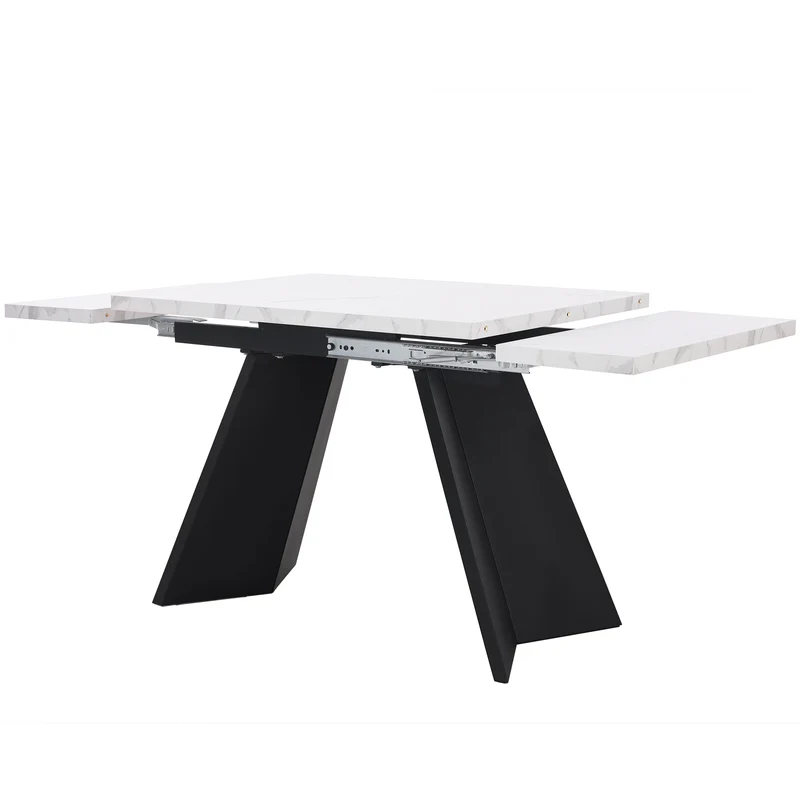 Table de salle à manger table extensible système coulissant effet marbre blanc 99-159cm CAUDRIED