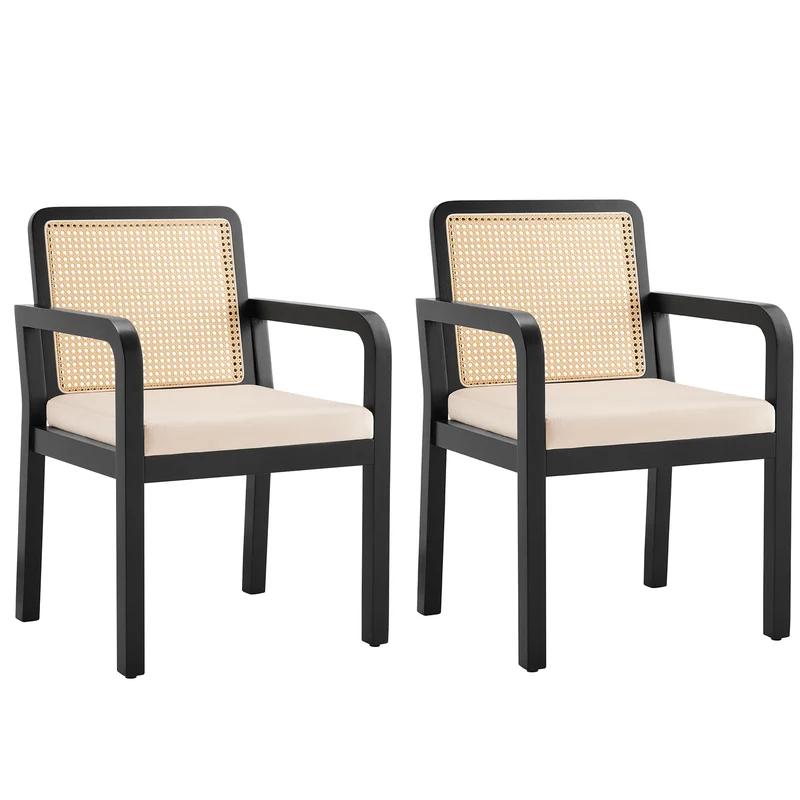 Lot de 2 de chaises de salle à manger dossier rotin, velours beige et bois noir - élégance rétro HELIOCURRENT
