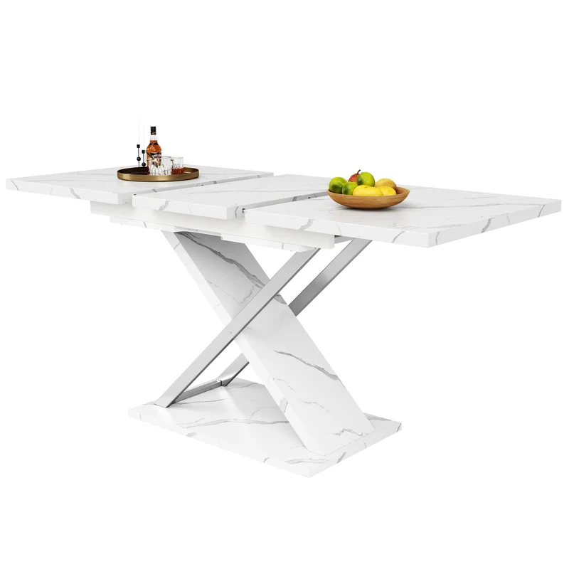 Table de salle à manger extensible effet marbre et pieds croisés 118-157cm QHIKKOID