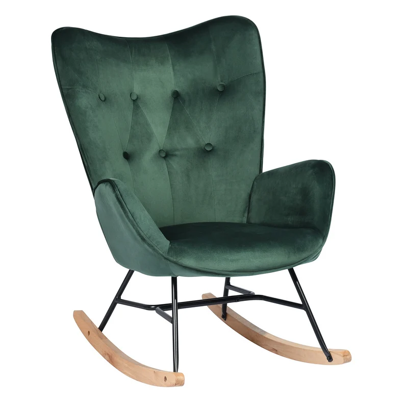 Fauteuil à bascule Scandinave velours vert pieds en bois clair EPPING KD VELVET GREEN WOOD LEG
