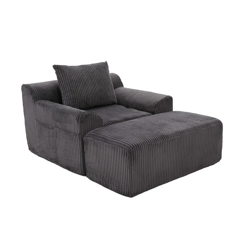 Canapé simple fauteuil XXL en velours côtelé gris, dossier profond, repose pied, coussin & poches latérales, sans montage HOTSPRINGPOOL