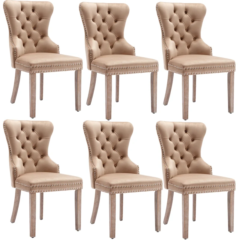 Lot de 6 chaises de salle à manger style royale capitonné velours marron pieds bois TURQAN