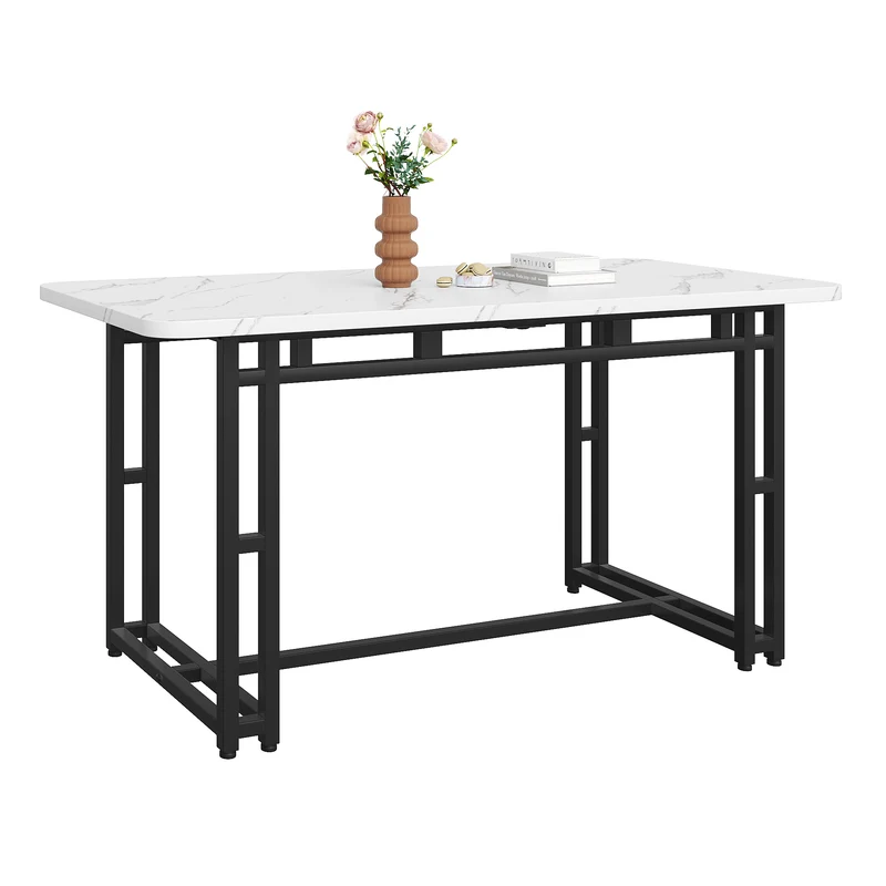 Table de salle à manger rectangulaire moderne effet marbre blanc pieds noirs 120x70cm VANPHAN BLACK