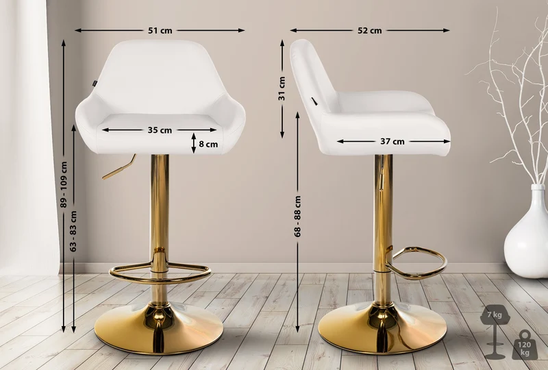 Tabouret de bar x1 avec repose-pieds et dossier bas desig moderne assise en PVC blanc cadre métal doré 10_0006150