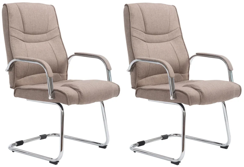 Lot de 2 fauteuils de bureau sans roulettes accoudoirs chaise visiteur charge maximale 180 kg en tissu taupe cadre en métal 10_0008636