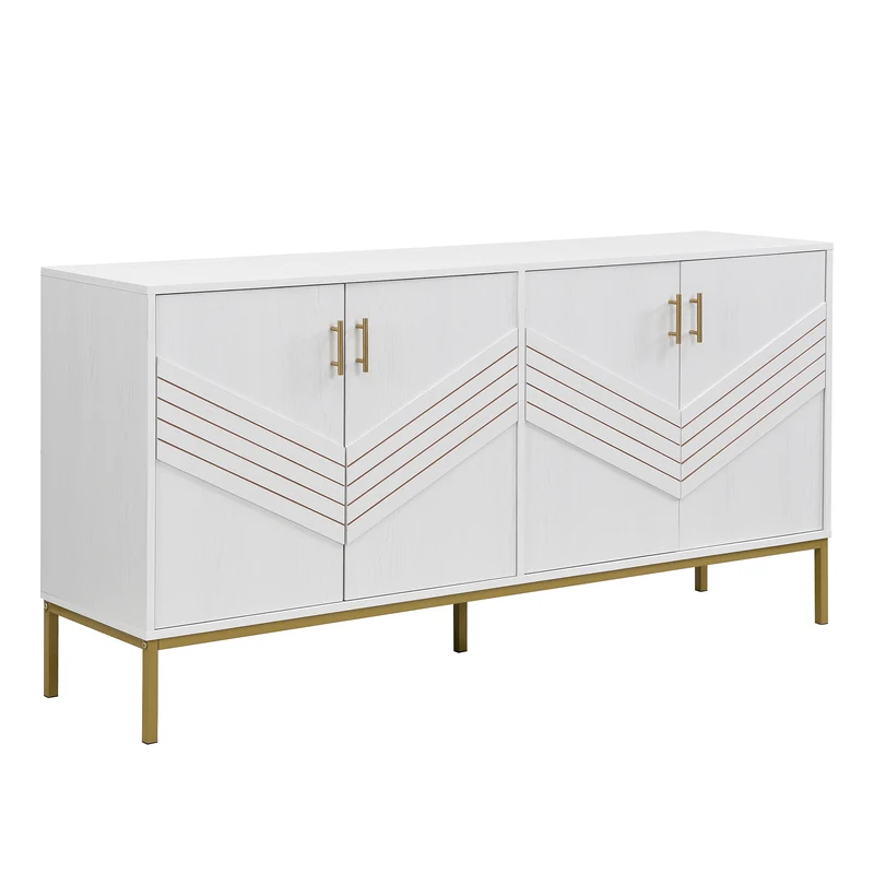 Buffet moderne blanc 4 portes texturés et accents dorés THRUKS